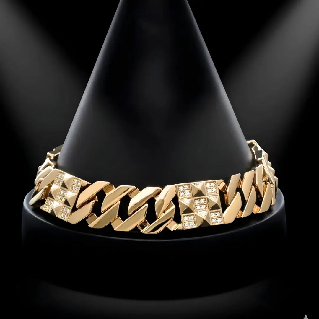 18K Gold Filled Geometric Cuban Link Diamond Bracelet – Pyramidal Pavé CZ Bracelet